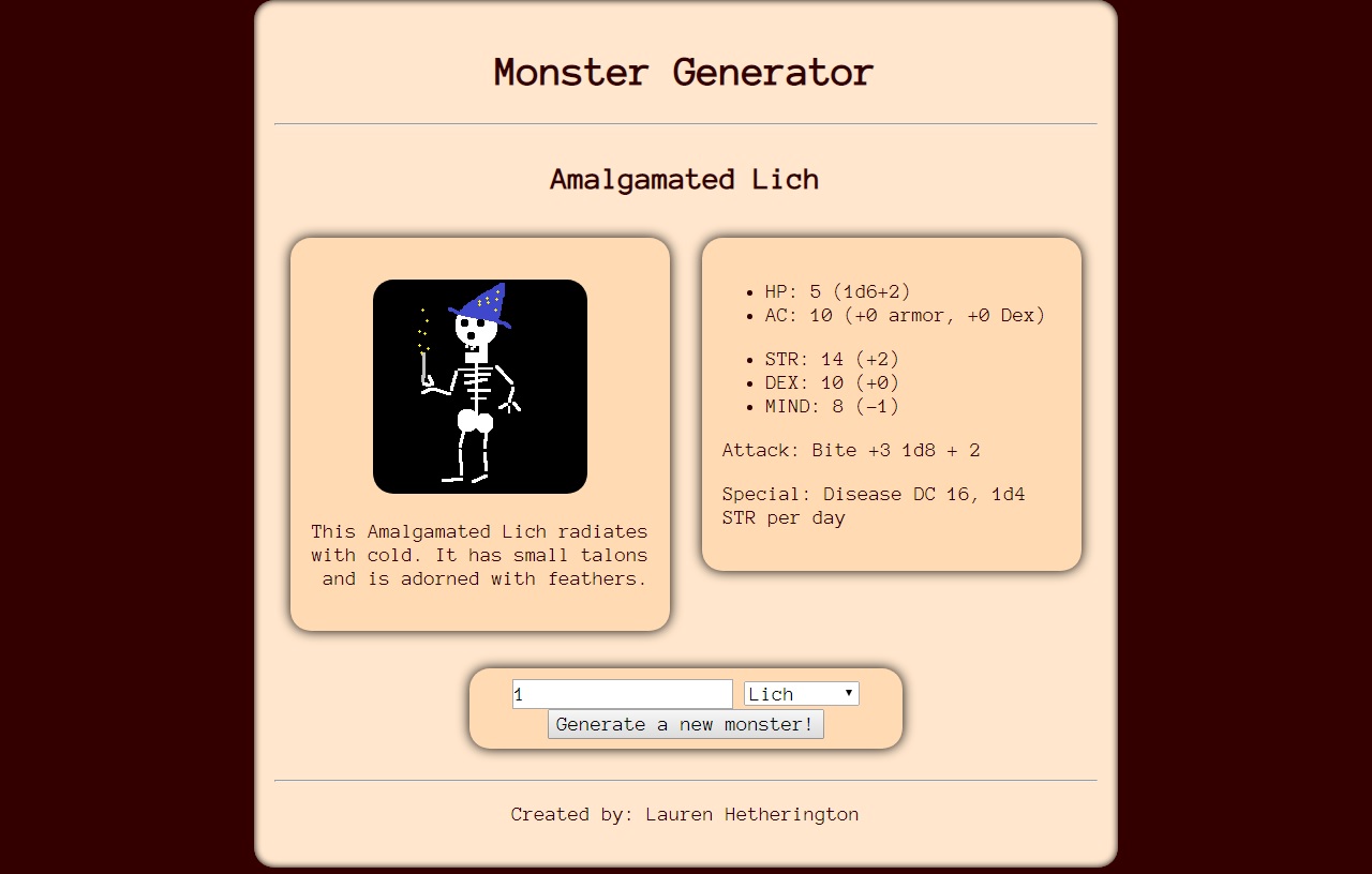 Monster Generator Screenshot. An Amalgamated Lich has been generated.